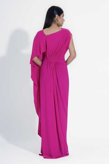 NA-KA_Pink Crepe V-, Asymmetric Draped Gown _Online_at_Aza_Fashions
