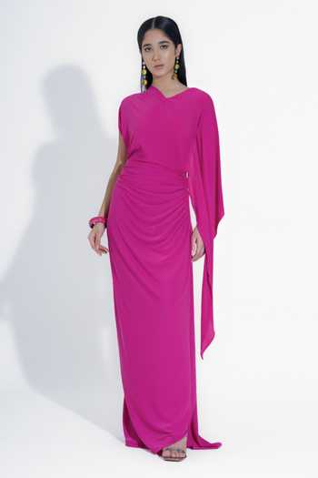 Buy_NA-KA_Pink Crepe V-, Asymmetric Draped Gown _Online_at_Aza_Fashions