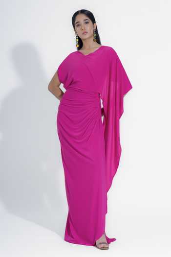 Shop_NA-KA_Pink Crepe V-, Asymmetric Draped Gown _Online_at_Aza_Fashions
