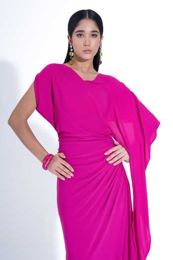 NA-KA_Pink Crepe V-, Asymmetric Draped Gown _at_Aza_Fashions