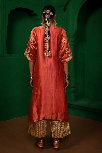 Shop_Charu Makkar_Pink , , V-neck Helen Aari Embroidered Kurta And Pant Set _at_Aza_Fashions