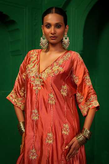 Buy_Charu Makkar_Pink , , V-neck Helen Aari Embroidered Kurta And Pant Set 