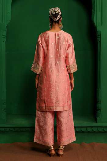 Shop_Charu Makkar_Pink Tissue, Organza Split V-neck Twinkle Gota Work Kurta Set _at_Aza_Fashions