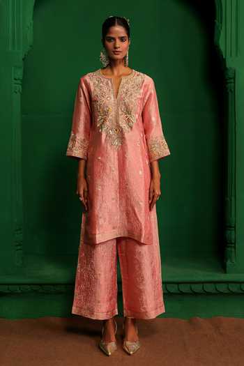 Shop_Charu Makkar_Pink Tissue, Organza Split V-neck Twinkle Gota Work Kurta Set _Online_at_Aza_Fashions