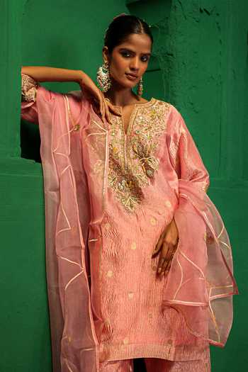 Shop_Charu Makkar_Pink Tissue, Organza Split V-neck Twinkle Gota Work Kurta Set 