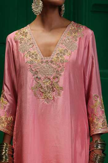 Shop_Charu Makkar_Pink Silk, Organza V-neck Reena Zardozi Work Kurta Set 