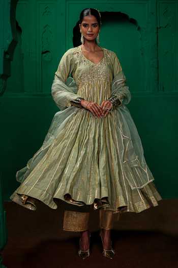 Shop_Charu Makkar_Green Organza, Chanderi, Tissue Scoop Neck Poonam Embroidered Anarkali Set _Online_at_Aza_Fashions