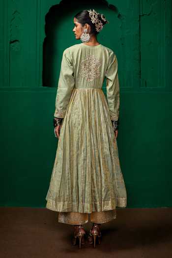 Shop_Charu Makkar_Green Organza, Chanderi, Tissue Scoop Neck Poonam Embroidered Anarkali Set _at_Aza_Fashions