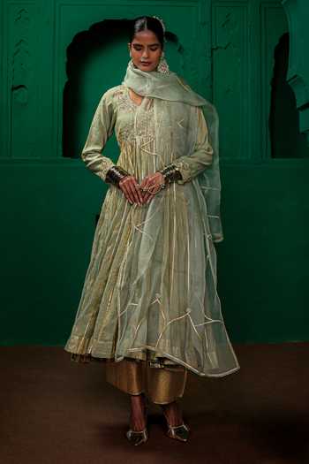 Shop_Charu Makkar_Green Organza, Chanderi, Tissue Scoop Neck Poonam Embroidered Anarkali Set 
