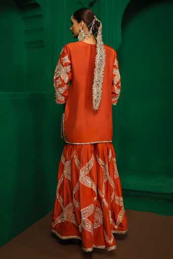 Shop_Charu Makkar_Orange Silk, Dupion, Organza V-neck Sridevi Embroidered Kurta Gharara Set _at_Aza_Fashions
