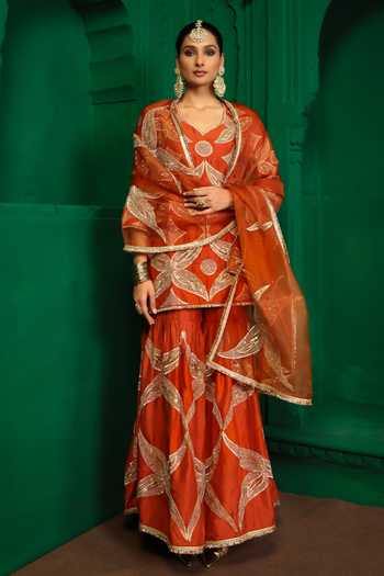 Charu Makkar_Orange Silk, Dupion, Organza V-neck Sridevi Embroidered Kurta Gharara Set _Online_at_Aza_Fashions