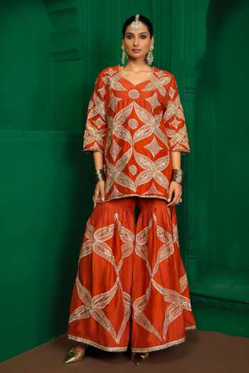 Buy_Charu Makkar_Orange Silk, Dupion, Organza V-neck Sridevi Embroidered Kurta Gharara Set _Online_at_Aza_Fashions