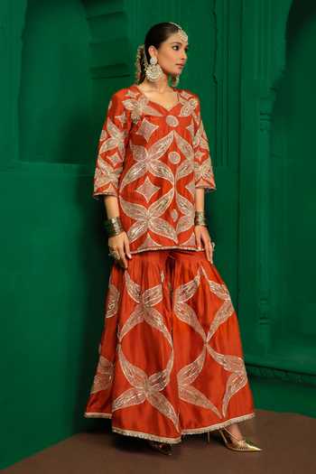 Shop_Charu Makkar_Orange Silk, Dupion, Organza V-neck Sridevi Embroidered Kurta Gharara Set _Online_at_Aza_Fashions