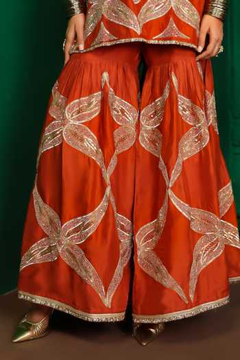 Charu Makkar_Orange Silk, Dupion, Organza V-neck Sridevi Embroidered Kurta Gharara Set _at_Aza_Fashions