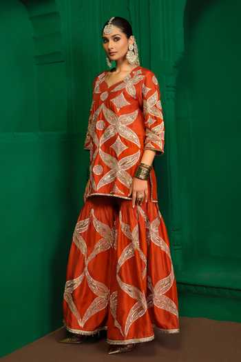 Buy_Charu Makkar_Orange Silk, Dupion, Organza V-neck Sridevi Embroidered Kurta Gharara Set 