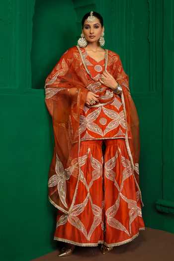 Buy_Charu Makkar_Orange Silk, Dupion, Organza V-neck Sridevi Embroidered Kurta Gharara Set _at_Aza_Fashions