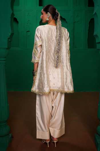 Shop_Charu Makkar_Ivory Tissue, Satin, Modal, Organza V-neck Saira Zardozi Work Kurta Set _at_Aza_Fashions