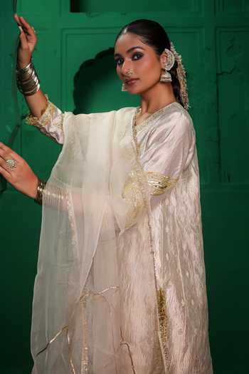 Shop_Charu Makkar_Ivory Tissue, Satin, Modal, Organza V-neck Saira Zardozi Work Kurta Set _Online_at_Aza_Fashions