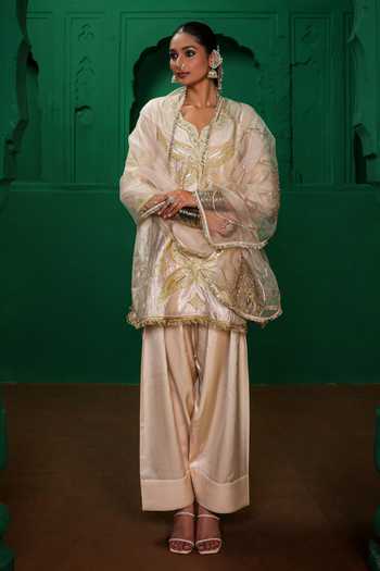 Charu Makkar_Ivory Tissue, Satin, Modal, Organza V-neck Saira Zardozi Work Kurta Set _at_Aza_Fashions