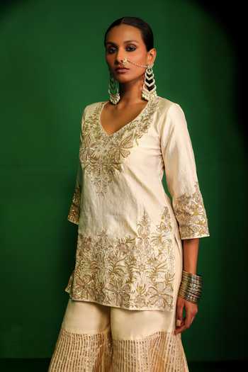 Shop_Charu Makkar_Ivory Tissue, Organza V-neck, Yes Madhubala Embroidered Kurta And Gharara Set _Online_at_Aza_Fashions