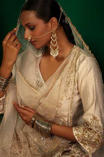 Shop_Charu Makkar_Ivory Tissue, Organza V-neck, Yes Madhubala Embroidered Kurta And Gharara Set 