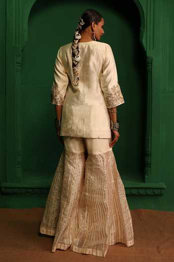 Shop_Charu Makkar_Ivory Tissue, Organza V-neck Madhubala Embroidered Kurta With Gharara _at_Aza_Fashions