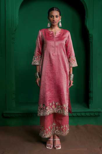 Charu Makkar_Pink Chanderi, Tissue, Organza Shabhana Gota Work Kurta Set _Online_at_Aza_Fashions