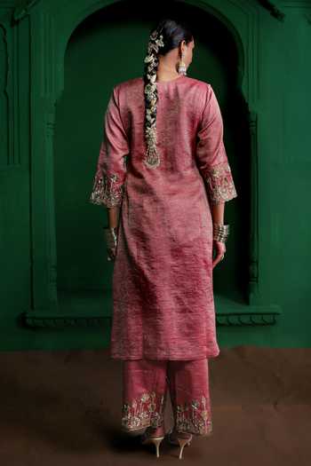 Shop_Charu Makkar_Pink Chanderi, Tissue, Organza Shabhana Gota Work Kurta Set _at_Aza_Fashions