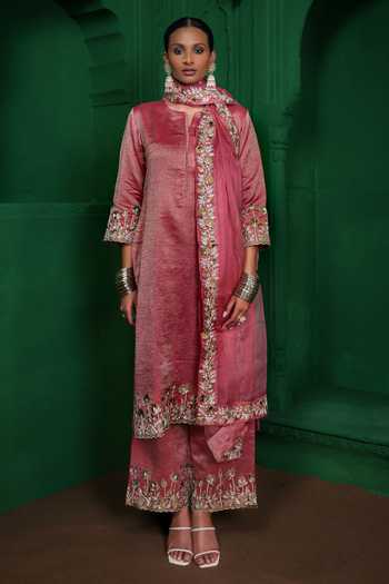 Shop_Charu Makkar_Pink Chanderi, Tissue, Organza Shabhana Gota Work Kurta Set _Online_at_Aza_Fashions