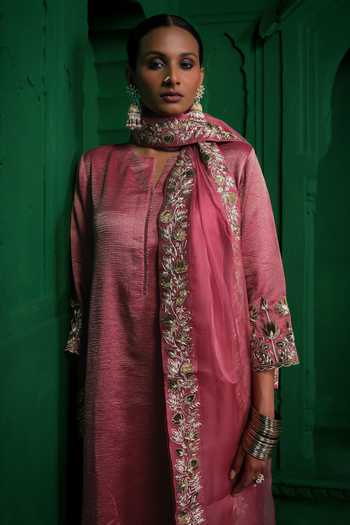 Charu Makkar_Pink Chanderi, Tissue, Organza Shabhana Gota Work Kurta Set _at_Aza_Fashions
