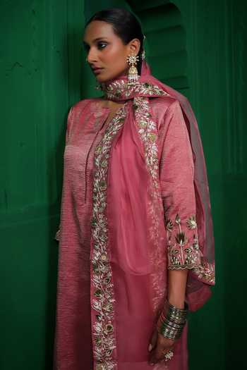 Shop_Charu Makkar_Pink Chanderi, Tissue, Organza Shabhana Gota Work Kurta Set 