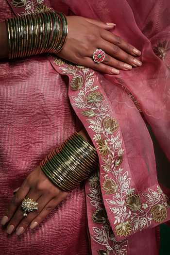 Charu Makkar_Pink Chanderi, Tissue, Organza Shabhana Gota Work Kurta Set _Online