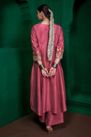 Shop_Charu Makkar_Pink Silk, Dupion, Organza Round Neck, Yes Malini Border Embroidered Kurta Set _at_Aza_Fashions