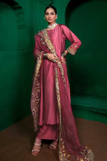 Buy_Charu Makkar_Pink Silk, Dupion, Organza Round Neck, Yes Malini Border Embroidered Kurta Set _Online_at_Aza_Fashions