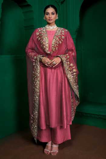Shop_Charu Makkar_Pink Silk, Dupion, Organza Round Neck, Yes Malini Border Embroidered Kurta Set _Online_at_Aza_Fashions
