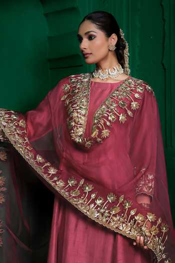 Charu Makkar_Pink Silk, Dupion, Organza Round Neck, Yes Malini Border Embroidered Kurta Set _at_Aza_Fashions