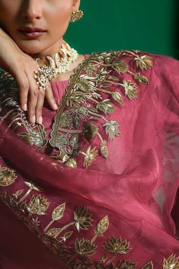 Shop_Charu Makkar_Pink Silk, Dupion, Organza Round Neck, Yes Malini Border Embroidered Kurta Set 