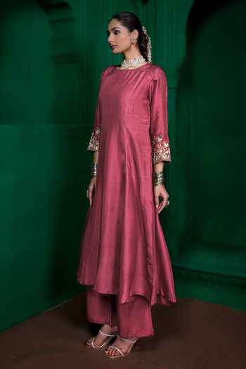 Buy_Charu Makkar_Pink Dupion, Silk Round Neck, Yes Malini Border Embroidered Kurta And Pant Set _Online_at_Aza_Fashions