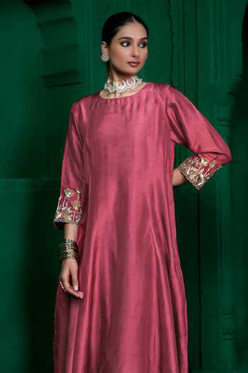 Shop_Charu Makkar_Pink Dupion, Silk Round Neck, Yes Malini Border Embroidered Kurta And Pant Set _Online_at_Aza_Fashions