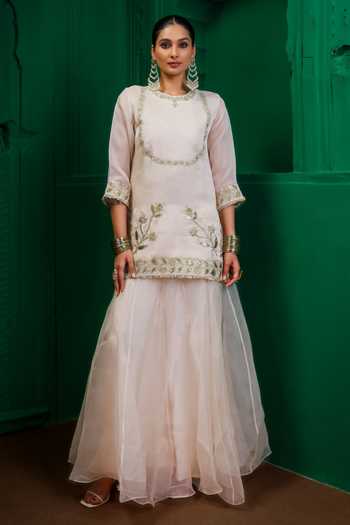 Buy_Charu Makkar_Ivory Organza, Satin Round Neck Mumtaz Embroidered Kurta And Sharara Set _at_Aza_Fashions