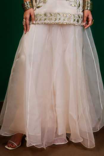 Charu Makkar_Ivory Organza, Satin Round Neck Mumtaz Embroidered Kurta And Sharara Set _Online_at_Aza_Fashions