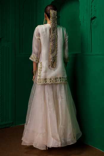 Shop_Charu Makkar_Ivory Organza, Satin Round Neck Mumtaz Embroidered Kurta And Sharara Set _at_Aza_Fashions