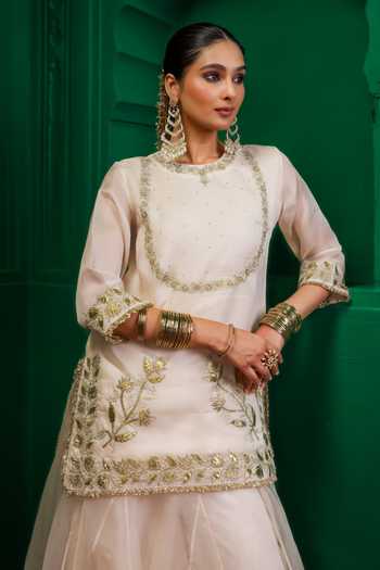Shop_Charu Makkar_Ivory Organza, Satin Round Neck Mumtaz Embroidered Kurta And Sharara Set _Online_at_Aza_Fashions