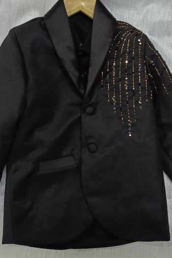 Toplove_Black Satin Drizzle Embroidered Blazer Pant Set _Online_at_Aza_Fashions