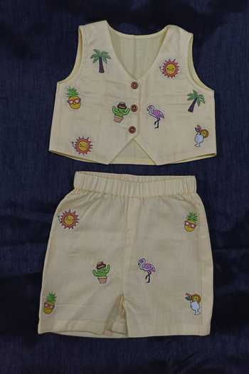 Shop_Toplove_Yellow Cotton, Twill Beach Summer Embroidered Waistcoat And Shorts Set _at_Aza_Fashions