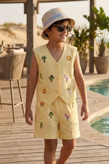 Buy_Toplove_Yellow Cotton, Twill Beach Summer Embroidered Waistcoat And Shorts Set _at_Aza_Fashions