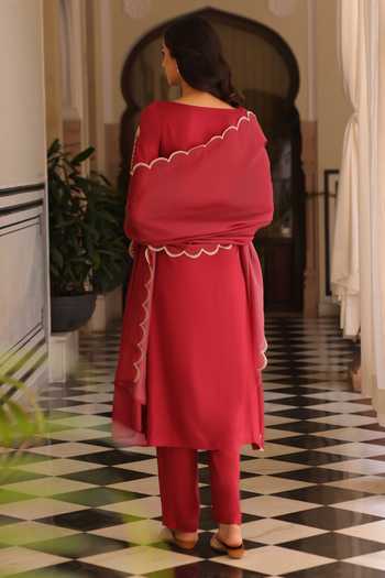 Shop_Seher Jaipur_Red Silk Square Neck Azrina Embroidered Bodice Kurta Set _at_Aza_Fashions