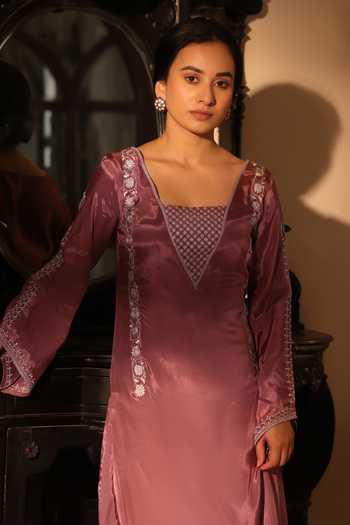 Seher Jaipur_Pink Silk Square Neck Azrina Embroidered Bodice Kurta Set _Online_at_Aza_Fashions