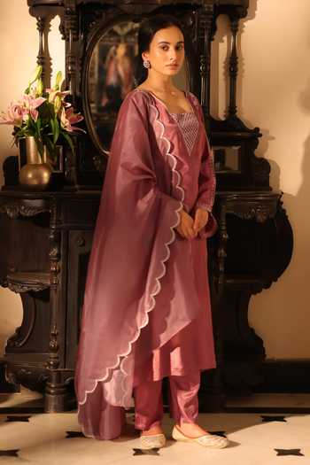 Shop_Seher Jaipur_Pink Silk Square Neck Azrina Embroidered Bodice Kurta Set _Online_at_Aza_Fashions
