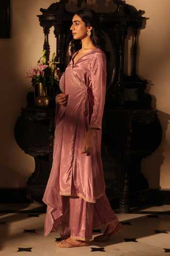 Seher Jaipur_Mauve Silk V-neck Noura Angarkha Kurta Set _Online_at_Aza_Fashions